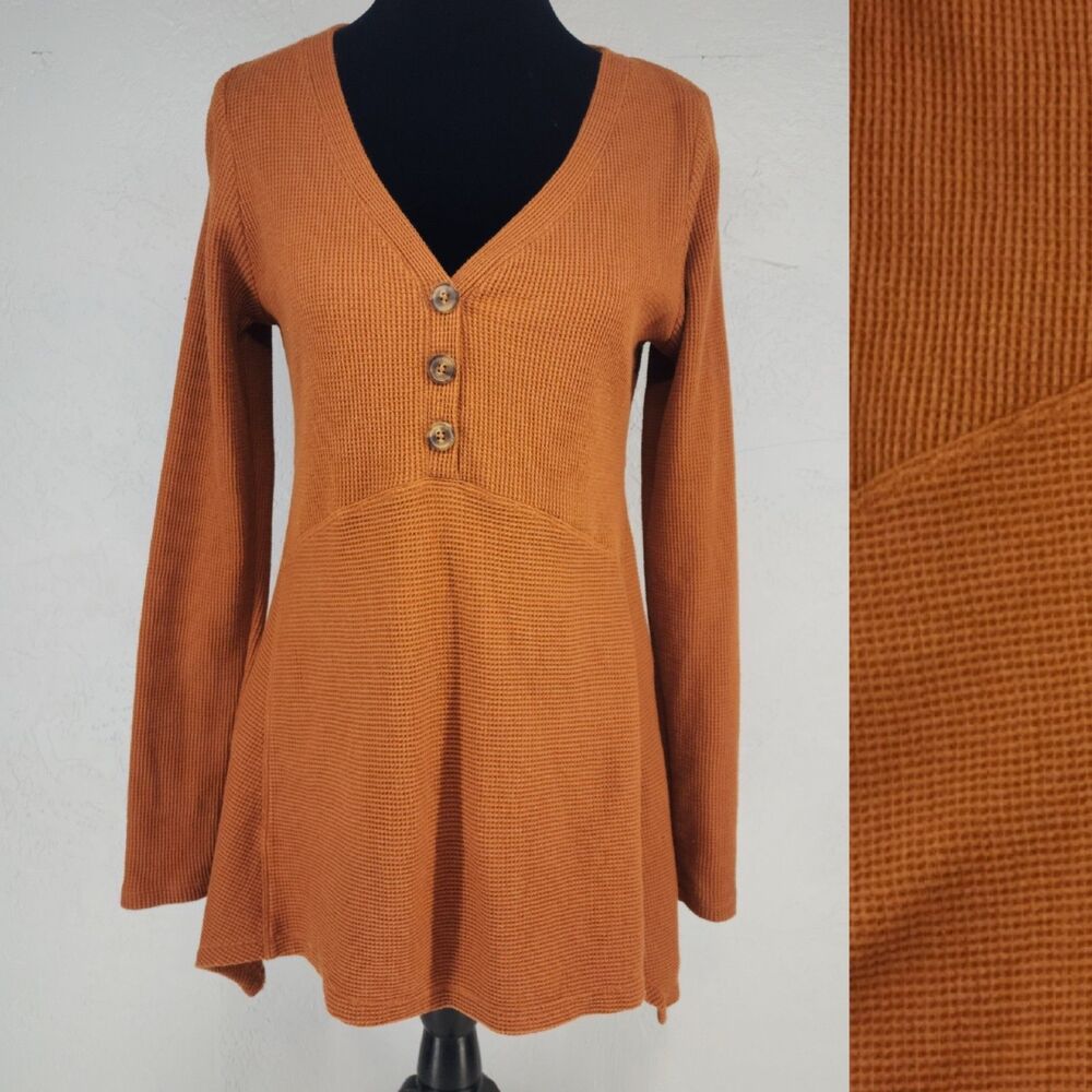 Maeve Anthropologie Henley‎ Top Womens LP Rust Orange Waffle Knit Long Sleeve